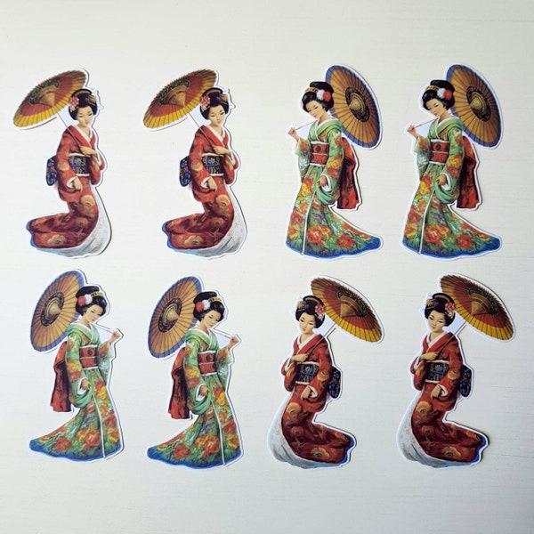 8 x Stickers geisha délicieuses. Autocollants mignons. La mode. Décorations de journal pour planificateur de scrapbooking, courrier postal. Éphémères.