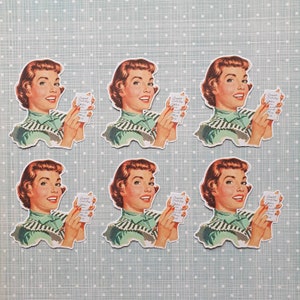 6 adesivi Donna con lista della spesa. Adesivi carini. Retro. Decorazioni per diario, scrapbooking e posta ordinaria. Effimere.