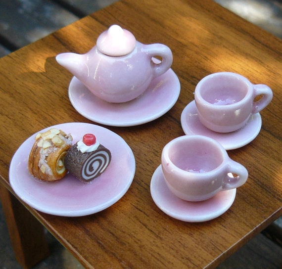 Tea Pastry Set Polymer Clay & Ceramic Glaze Miniature Dolls House