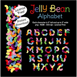 May include: A colorful alphabet made of jelly bean shapes. Each letter is 3 inches tall and up to 3 inches wide. The letters are on a black background. The text "Jelly Bean Alphabet" is at the top of the image. The text "Each character is 3" tall and up to 3" wide png - RGB - 300 dpi - License Free" is below the alphabet.