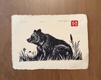 Linoryt „Niedźwiedź”, 5"x7", edycja limitowana 100 egzemplarzy, wydrukowany na papierze ręcznie robionym