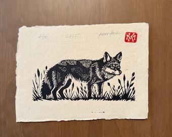 Impresión en linóleo de Fox, 5" x 7", edición limitada de 100, impresa en papel hecho a mano.