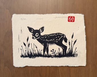 Fawn Linocut Print, 5"x7" Limited Edition of 100, printed on handmade paper