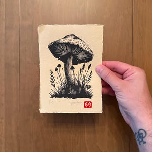 Mushroom Linocut Print, 5&quot;x7&quot; printed on handmade paper
