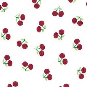 May include: White fabric with a repeating pattern of red cherries with green stems and leaves. The cherries are evenly spaced across the fabric, creating a playful and cheerful design. This fabric is suitable for various sewing projects.