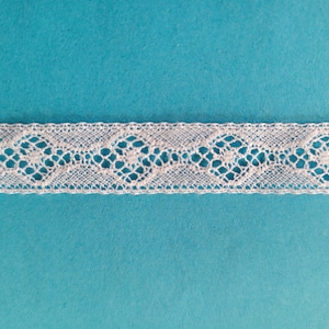 May include: White lace trim on a blue background. The lace has a delicate floral pattern.