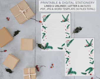 Papeterie imprimable Pine Tree, téléchargement numérique pour impression et type, modèle Microsoft Word JPG et PDF A4 Papier à en-tête