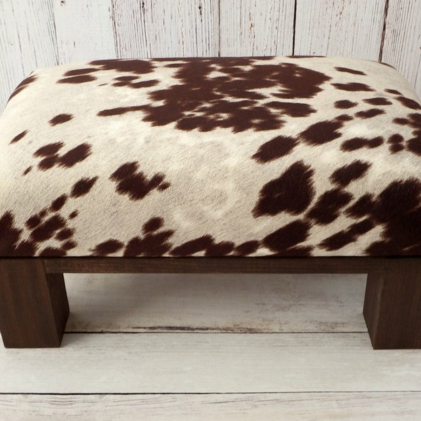 Upholstered ottoman cow print - cowhide ottoman - fur stool rustic furniture - faux fur foot stool - western home decor - cowhide stool -