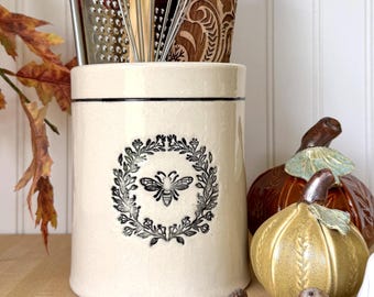 Kitchen Crock, Utensil Crock, Bee  and Laurel, Wine Chiller, Gift for Newlyweds, Ceramic Utensil Caddy, Farmhouse Pottery, French Country