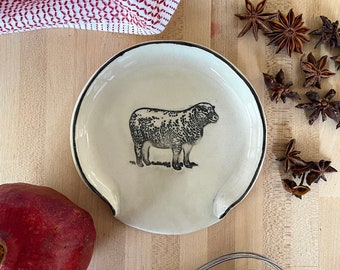 Spoon Rest, Sheep Spoon Rest, Cook's Gift, Farmhouse Pottery, Farmhouse Kitchen, Gift for Mom, Sheep Decor, Enamelware, Vermont Pottery