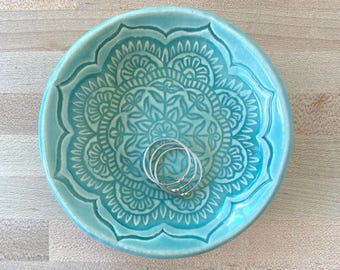 Ring Dish, Trinket Dish, Gift for Grads, Romantic Gifts, Ceramic Mandala Dish, Block Print Pottery, Textile Art, Gift of Love, Boho Decor