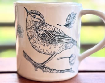 14 Ounce Coffee Mug, Handmade Songbird Mug, Transferware, Vermont Pottery
