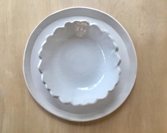 White Scalloped Ceramic Bowl, Handmade Ceramic Bowl, Farmhouse Pottery, Flower Bowl