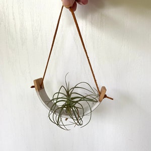 May include: A white ceramic planter with a brown leather hanging strap. The planter is shaped like a half-circle and has a small air plant inside.