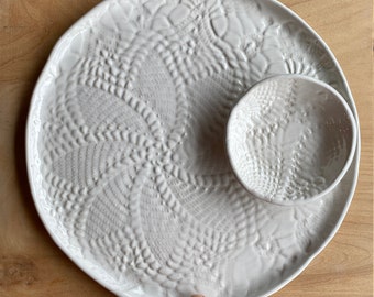Minimalist White Platter and Bowl, Vintage Lace Hostess Set, Wedding Gift for Couple, Gift for Her, Rustic White Pottery, Farmhouse Kitchen