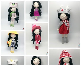 Sara and 4 seasons outfits dress up doll pattern, crochet PDF, amigurumi pattern English