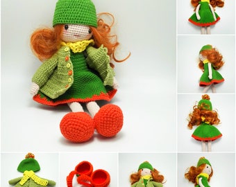 Amigurumi poppenjurk, gehaakt poppenjurkpatroon, poppenjurkpatroon, PDF-patroon Instant download Engels-rode outfit Groene outfit