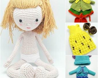 Lot de motifs au crochet : poupée Amigurumi, motif de poupée au crochet, crochet Amigurumi, motif de poupée (en anglais uniquement) Base de poupée + 3 tenues