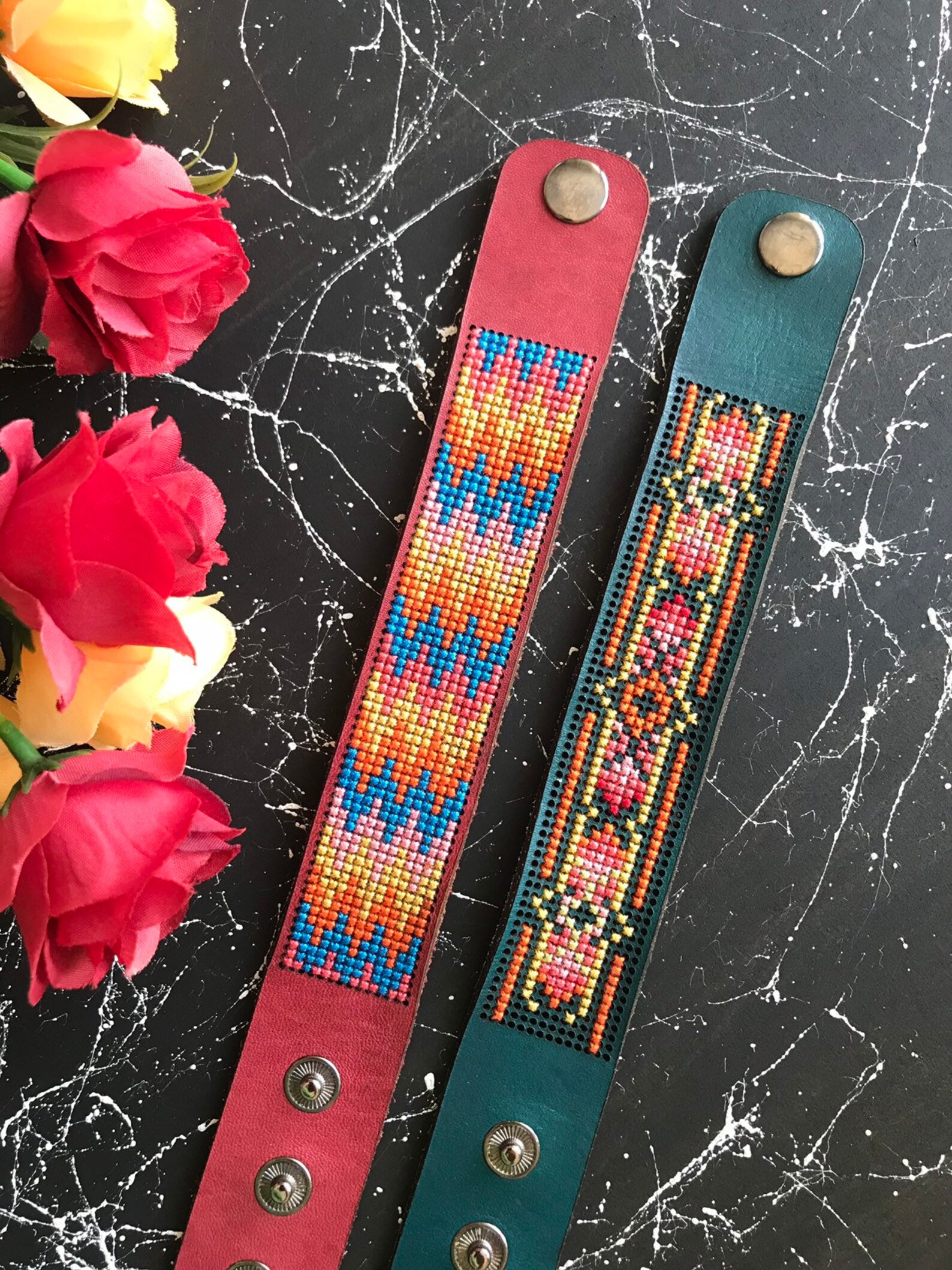 Leather Cuff Bracelet, Cross Stitch Bracelet, Cuff Bracelet, Leather