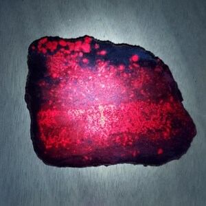 Op de afbeelding: Een plat, onregelmatig gevormd gesteente met een levendig, gloeiend fluorescerend rood en magentakleurig patroon tegen een donkere, dieppaarse en zwarte achtergrond, met een ruwe, onregelmatige buitenrand en een gladde, gepolijste textuur.