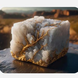 May include: A large, white, crystalline rock with gold veins running through it. The rock is sitting on a dark, textured surface.