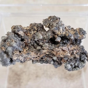 Könnte beinhalten: Ein Mineralpräparat mit einem Cluster aus dunkelgrauen und schwarzen kristallinen Strukturen mit Flecken von goldfarbenem metallischem Glanz. Das Präparat befindet sich in einer transparenten, rechteckigen Vitrine.