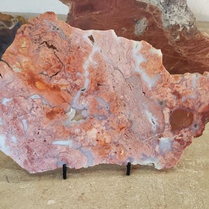Puede incluir: Una losa de piedra grande, de forma irregular, con una superficie pulida. La piedra presenta una mezcla de patrones rojos, blancos y grises, y se exhibe sobre un soporte de metal negro. Es un artículo decorativo natural.