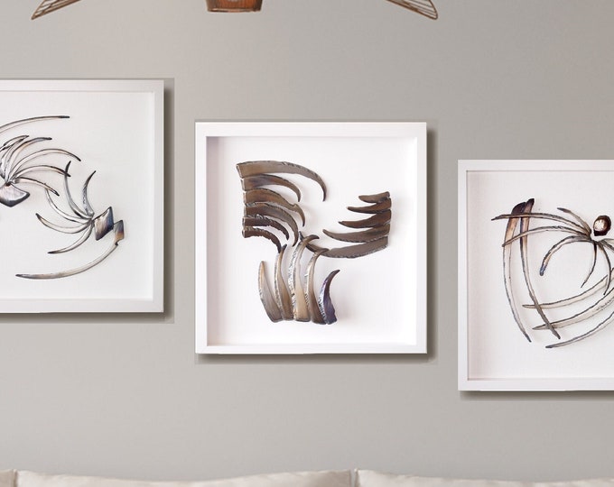 MORNING WHIFF, DEW & Will-o'-the-wisp - original triptych, three steel wall reliefs by Stevlin Yovchev