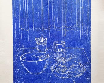 BLUE EVENING - limited edition linocut print by Zlatina Krusteva