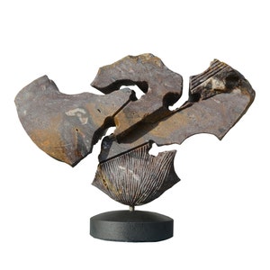 Puede incluir: Escultura abstracta de piedra con base gris oscuro. La escultura está compuesta por varias piezas de piedra de forma irregular en tonos grises, marrones y beige. La piedra tiene una superficie rugosa y texturizada, montada sobre una base circular negra.