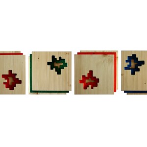 May include: Four wooden squares with different colored edges and a pixelated design cut out of the center. The squares are stacked on top of each other, with the red square on the bottom, followed by the green, then the blue, and finally the yellow square on top.