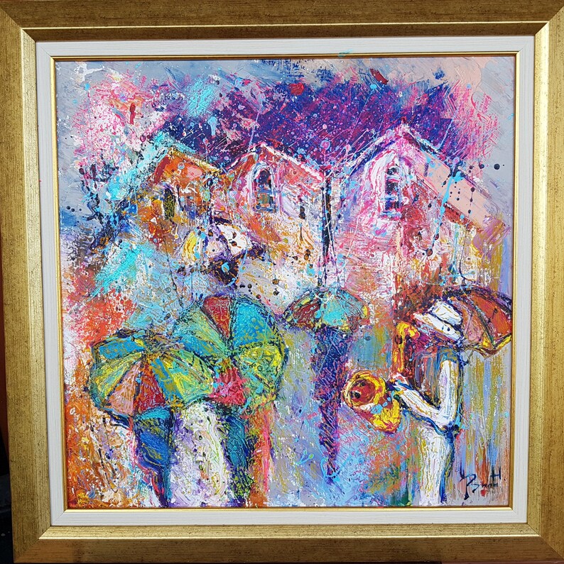 Peinture à Lhuile Jazz Pluvieux Moderne Encadrée à Etsy