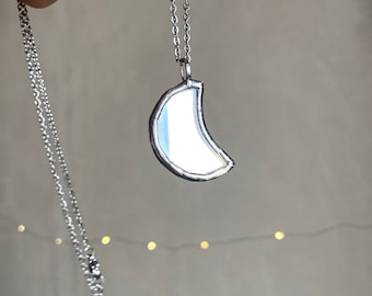 Small Mirror Moon Pendant, Stained glass Necklace, Amulet Glass Jewelry, Protection Moon mirror pendant