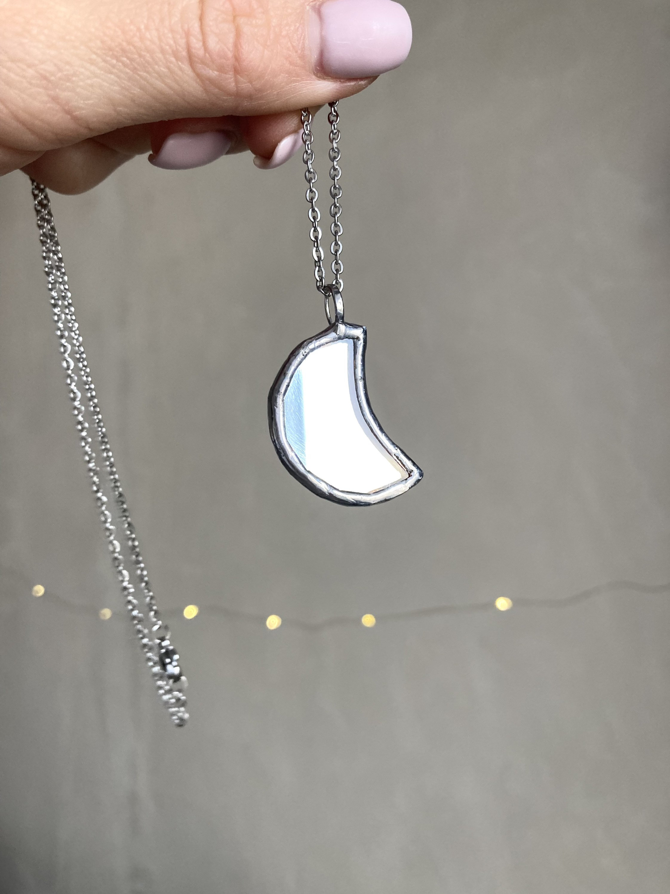 Small Mirror Moon Pendant Stained Glass 