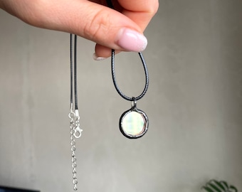 Small Mirror Pendant, Stained glass Necklace protection, Looking Glass Jewelry, Round mirror black pendant