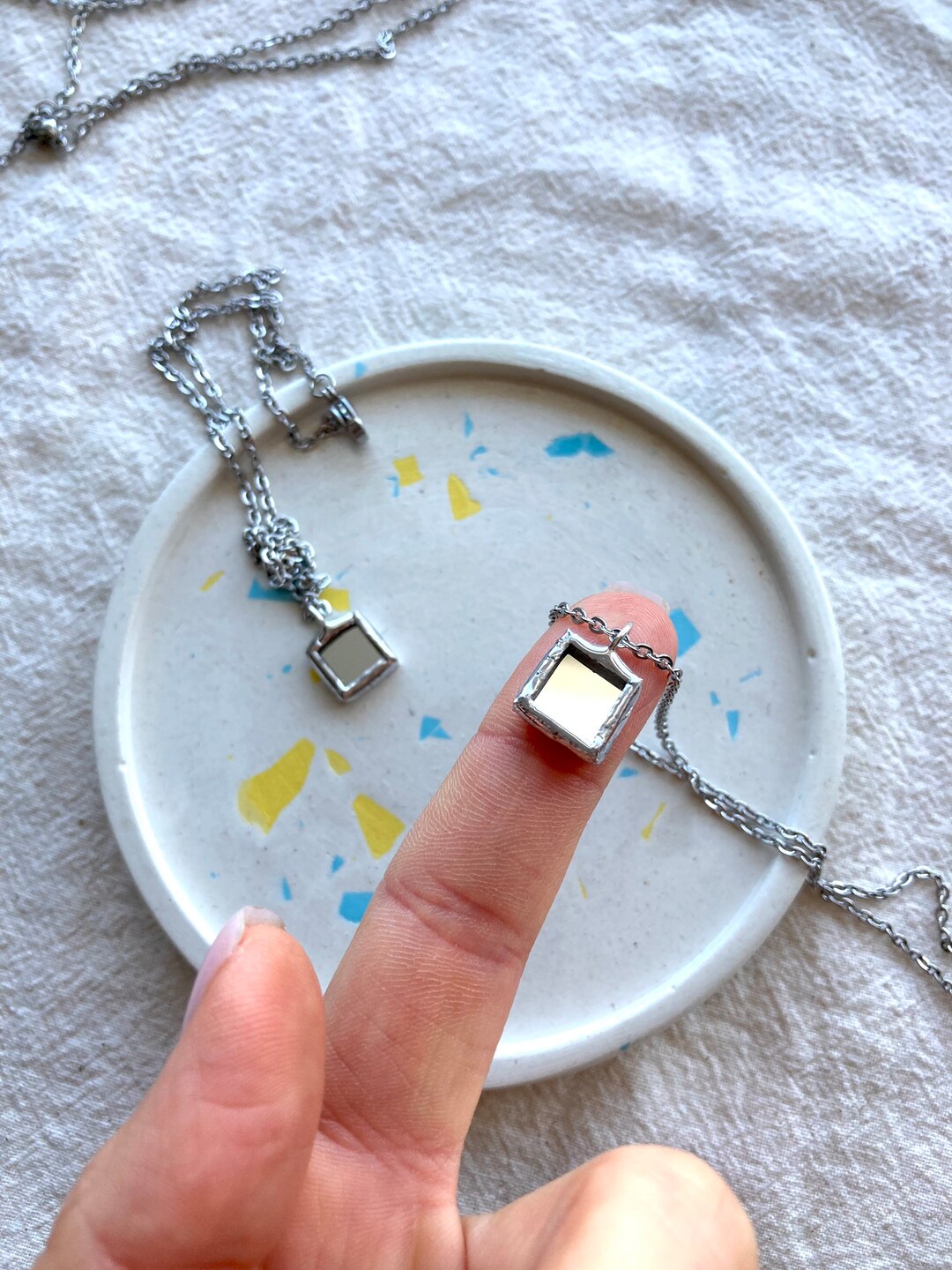 Small Mirror Necklace, 1 Cm/ 10 Mm, Stained Glass Necklace, Looking