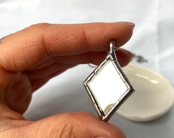 Small Mirror Pendant, Stained glass Necklace, Looking Glass Jewelry, Rhombus mirror pendant