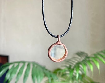 Small Mirror Pendant, 18 mm, Stained glass Necklace, Looking Glass Jewelry, Round mirror pendant, Copper mirror pendant