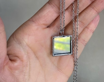 Small Mirror Necklace, 2 cm/ 20 mm, Stained glass Necklace, Looking Glass Jewelry, Square mirror pendant