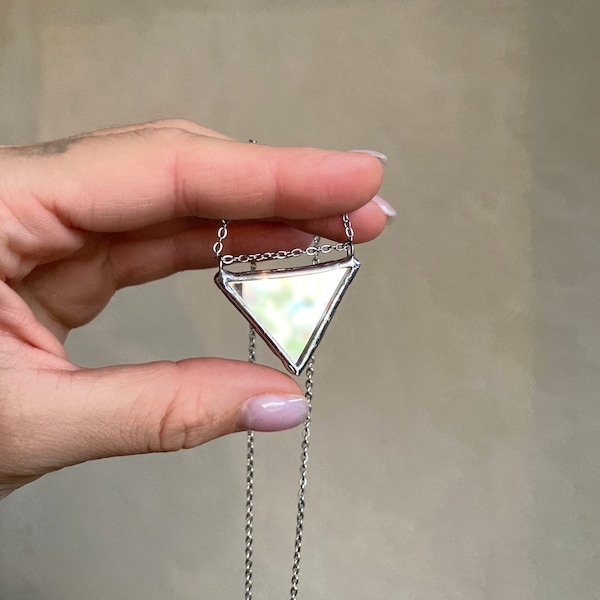 Stained Mirror Necklace: Double-Sided Triangle Pendant, Stainless Steel Chain