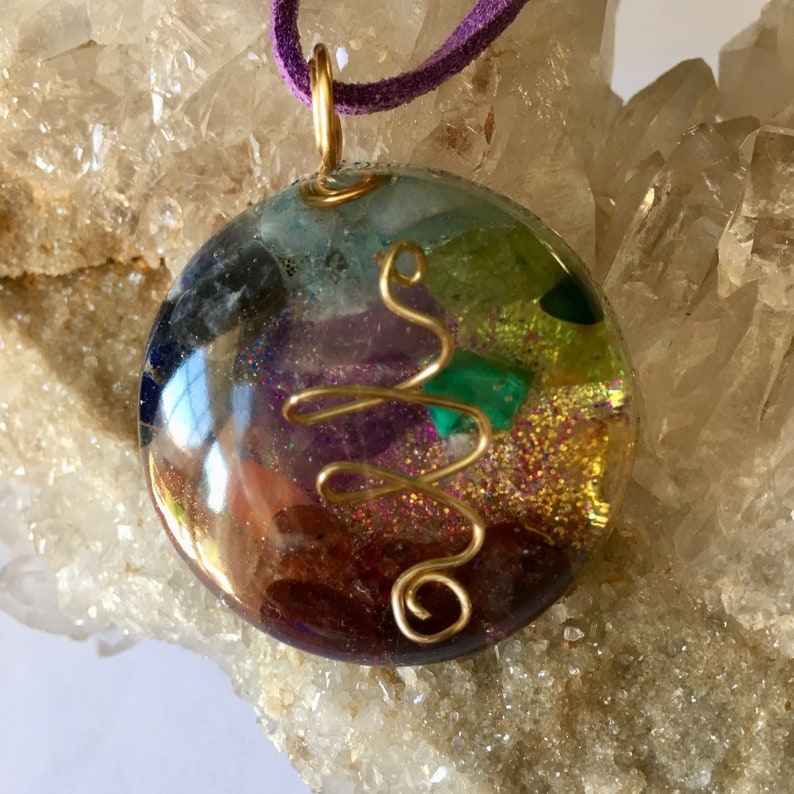 Orgone Crystal Pendant 7 Chakras Gemstone Colors Amethyst Citrine Carnelian Sunstone Garnet Aquamarine Sodalite Peridot Malachite Ships Free