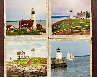 4x4 Maine Lighthouses Drink Coasters - Set of 4