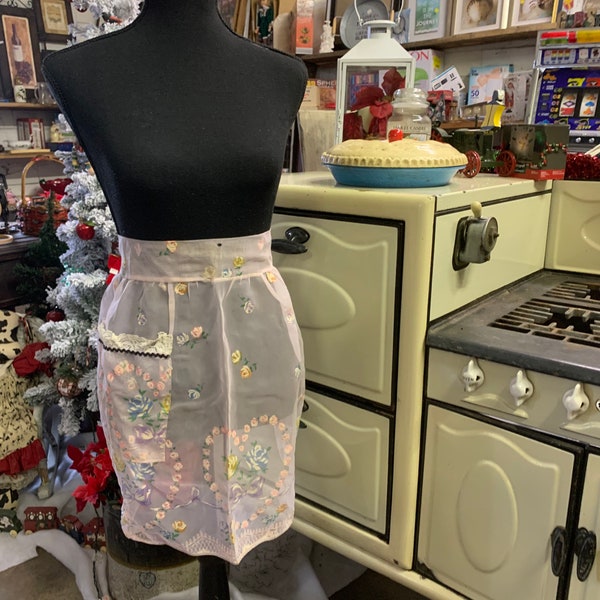 Vintage Half Apron with One Pocket-Pink Sheer Apron with Small Whole at Waistband