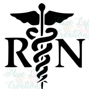 May include: Black and white silhouette of the medical symbol, the Rod of Asclepius, with the letters RN on either side.