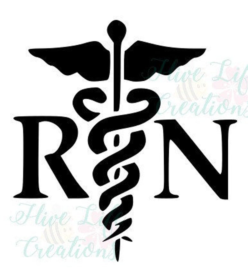 May include: Black and white silhouette of the medical symbol, the Rod of Asclepius, with the letters RN on either side.