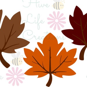 May include: Three maple leaves in different shades of brown, orange, and red. The leaves are cut out and isolated on a white background.