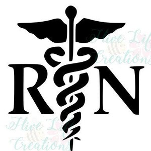 May include: Black and white silhouette of the medical symbol, the Rod of Asclepius, with the letters RN on either side.
