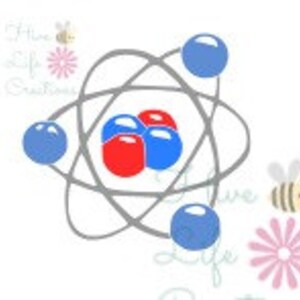 Puede incluir: Una ilustraci&oacute;n estilizada de un &aacute;tomo con un n&uacute;cleo gris y cuatro electrones en &oacute;rbita. El n&uacute;cleo est&aacute; compuesto por dos esferas rojas y dos esferas azules.