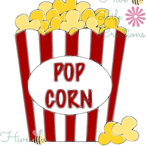 Könnte beinhalten: Eine rot-weiß gestreifte Popcorn-Schachtel mit dem Wort "POP CORN" in einem weißen Oval. Die Schachtel ist gefüllt mit gelben Popcorn-Kernen.