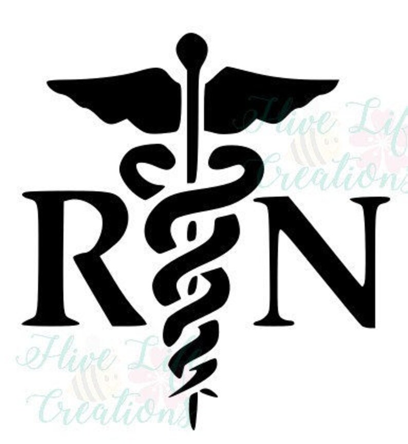May include: Black and white silhouette of the medical symbol, the Rod of Asclepius, with the letters RN on either side.